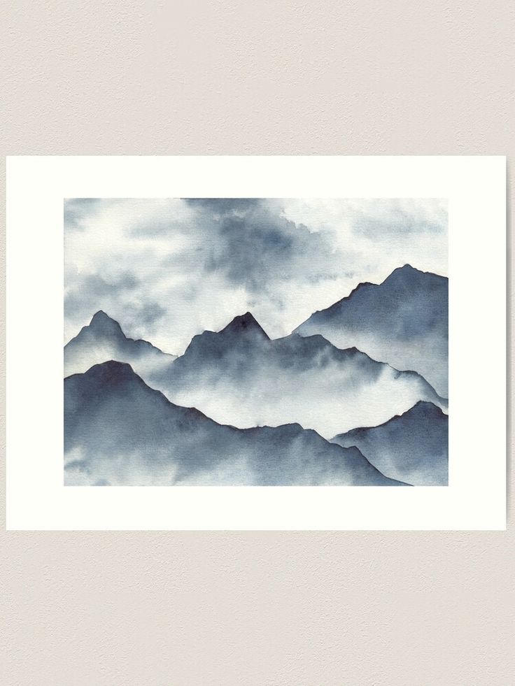 watercolor painting of mountains in the clouds