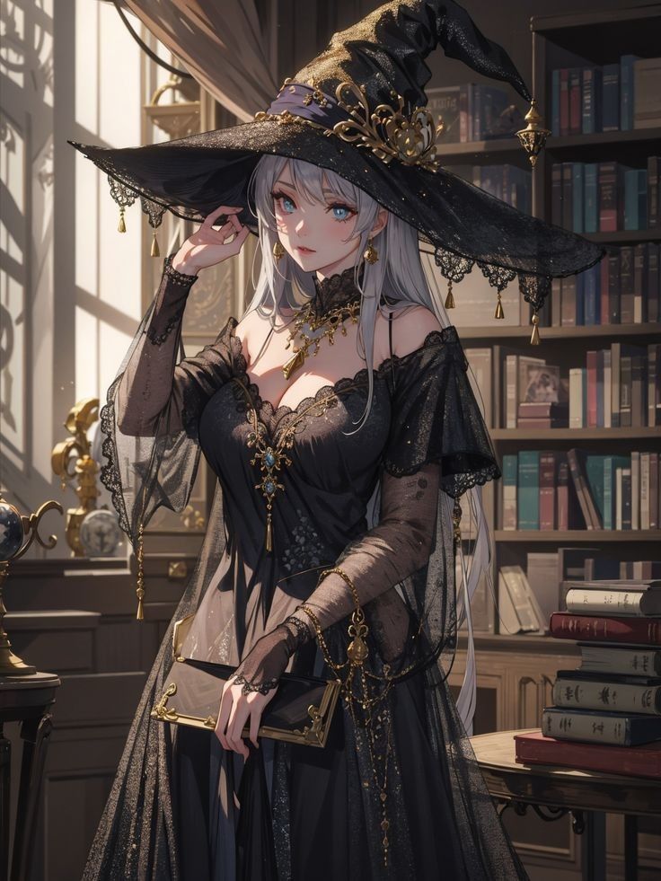 a woman wearing a witch costume and holding a purse in front of bookshelves