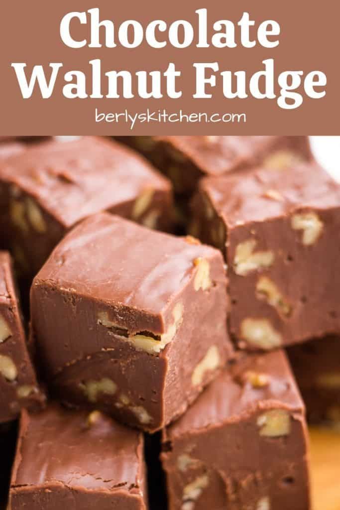 chocolate walnut fudge is stacked on top of each other