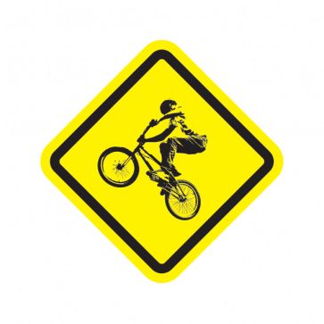 a yellow and black sign with a person riding a bike on it's back