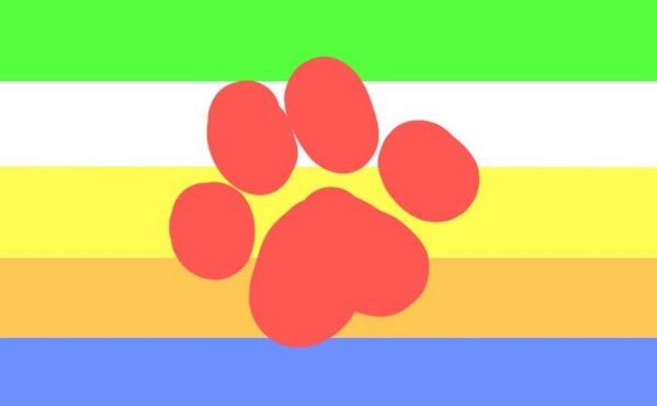 a paw print on the side of a rainbow colored flag with an animal's paw