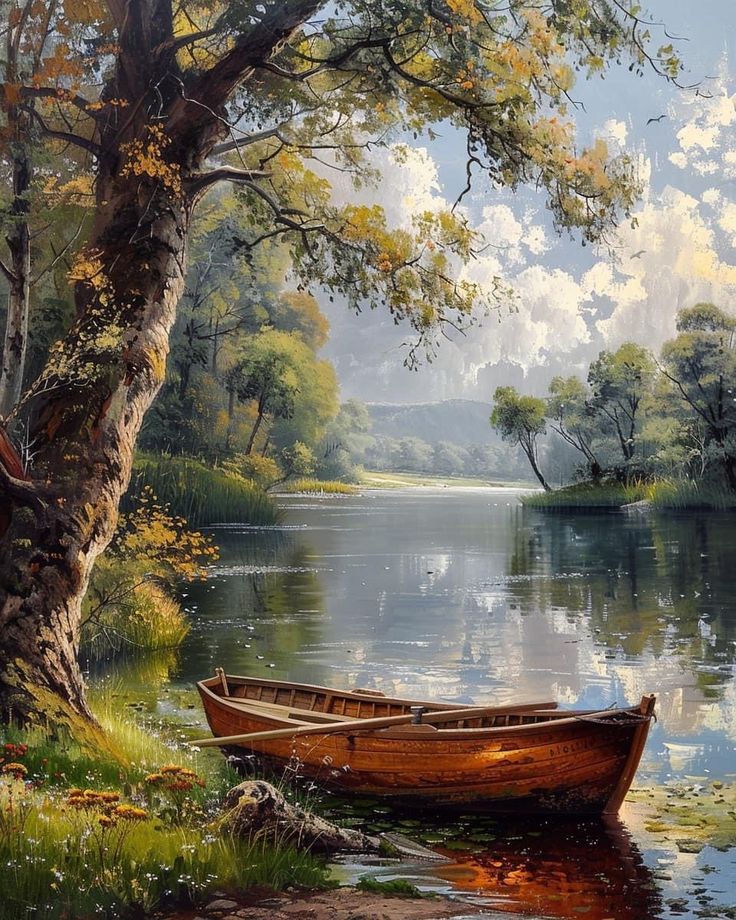 a painting of a boat sitting on the shore of a lake next to a tree