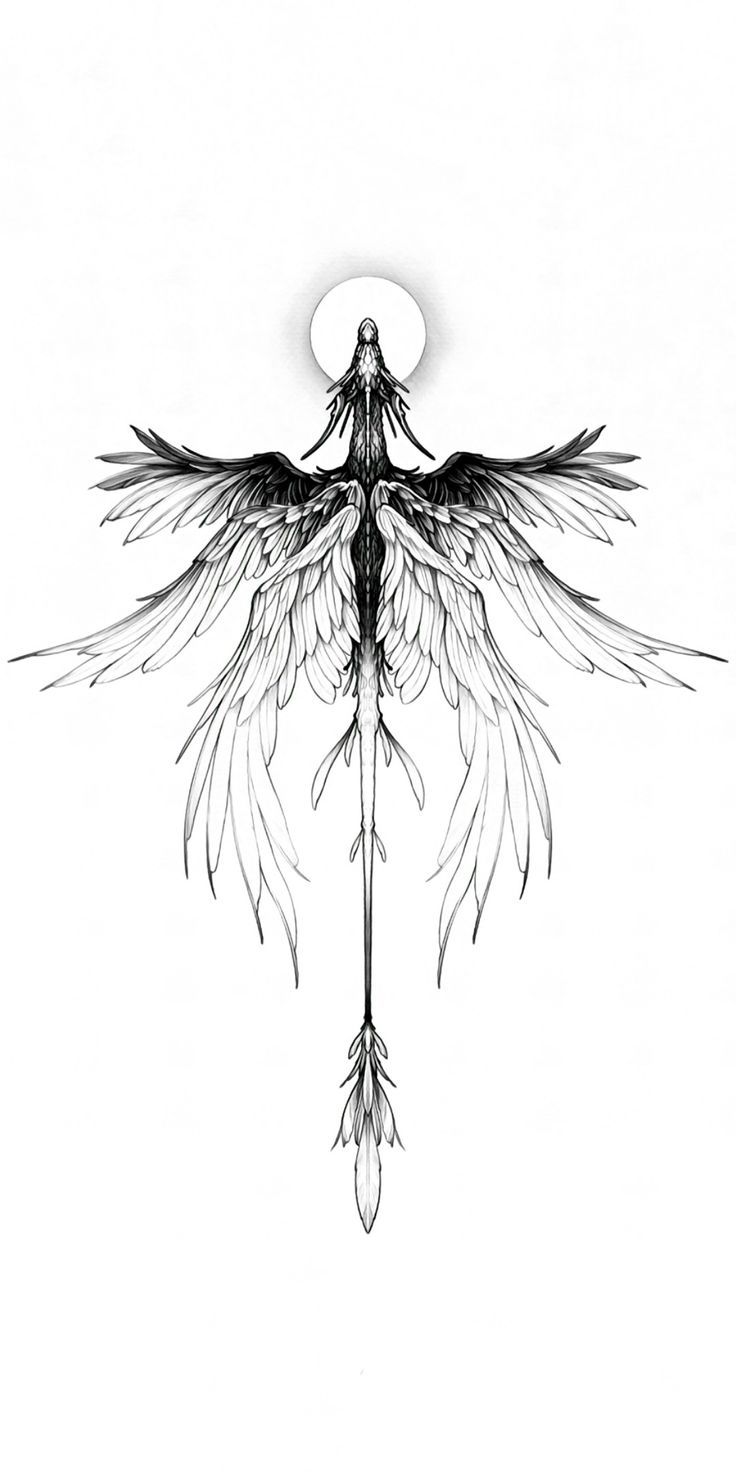 a black and white drawing of a bird with wings