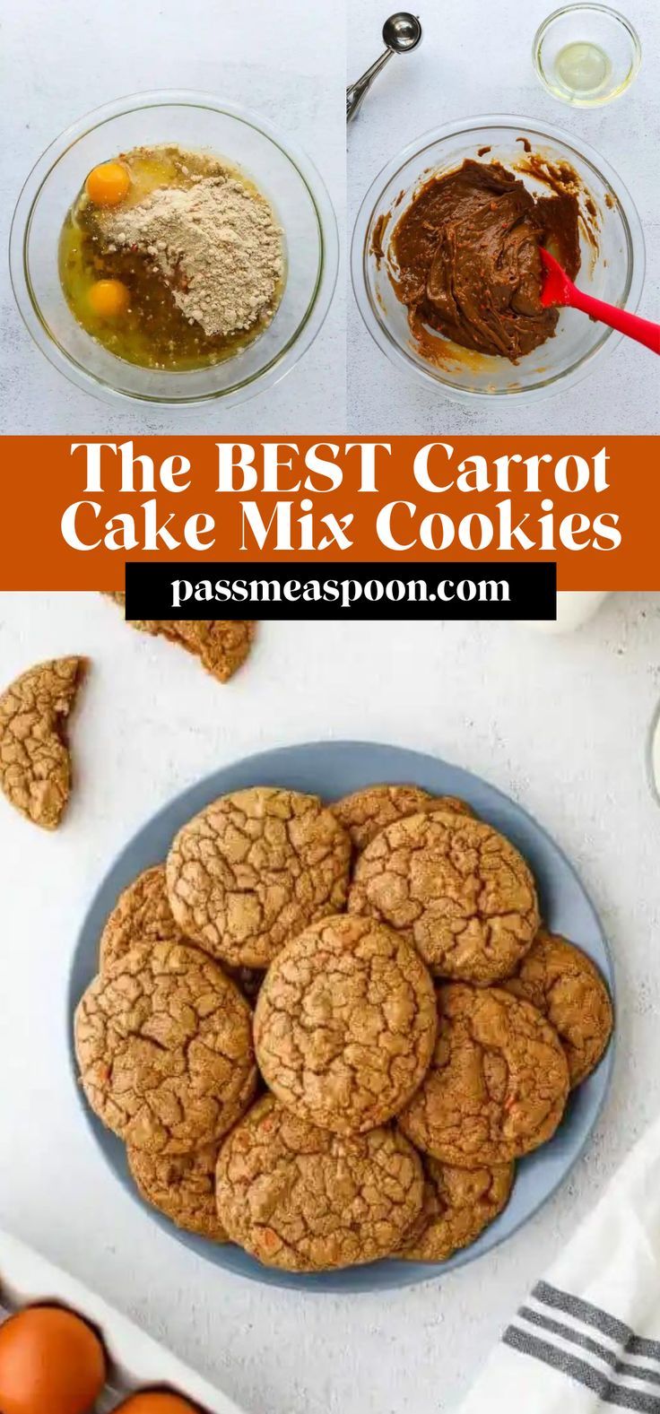 the best carrot cake mix cookies on a plate with eggs and other ingredients in bowls