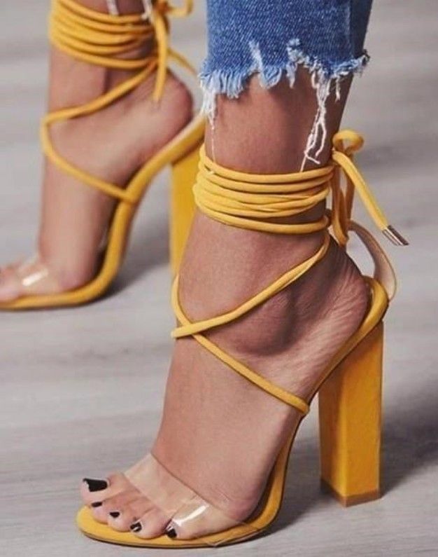 Yellow Strappy High Block Heeled Sandals. Those heeled block sandals are made of a durable materials. Those heeled block sandals will make you more attractive. Those wedges are more easy to walk with than stilettos. The heel height is 3.1'' (8 cm). Those block heels are of great quality. You will receive a product as good as the one displayed on the image. Summer High Heels Sandals, High Heels Classy, Summer High Heels, Ankle Strap Chunky Heels, Transparent Heels, Sandals High Heels, High Heel Dress, Toe Post Sandals, Heels Classy