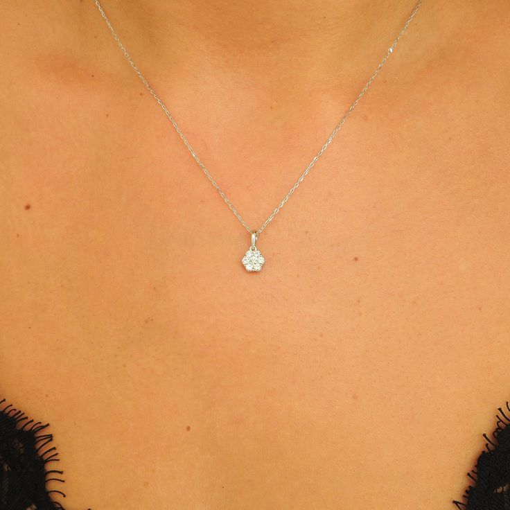 Explore our Illusion Diamond Necklace, a captivating piece that emanates the hidden fragrance of nature, making it a must-have accessory in your collection.   Diamond Specifications: * Type: Natural, Genuine Diamonds (Ethically Mined) * Color: D-F (whitest level of white Diamonds) * Clarity: VS/VVS (Microscopically clean) * Total Weight: 0.30 Ct * Number of Stones: 7 Natural Diamonds * Shape: Round Brilliant * Cut: Excellent * Setting Type: Prong Setting  Gold specifications: *Caliber: Solid 18K Silver Solitaire Necklace With Flower Pendant, Elegant Flower-shaped Brilliant Cut Jewelry, Elegant Gemstone Flower Necklace Gift, White Flower-shaped Diamond Cut Jewelry, Elegant Silver Solitaire Necklace With Flower Pendant, Delicate Diamond White Flower Jewelry, Delicate Flower Shaped Diamond Jewelry, Delicate Diamond Flower Jewelry, Delicate Flower Necklace With Round Pendant For Wedding