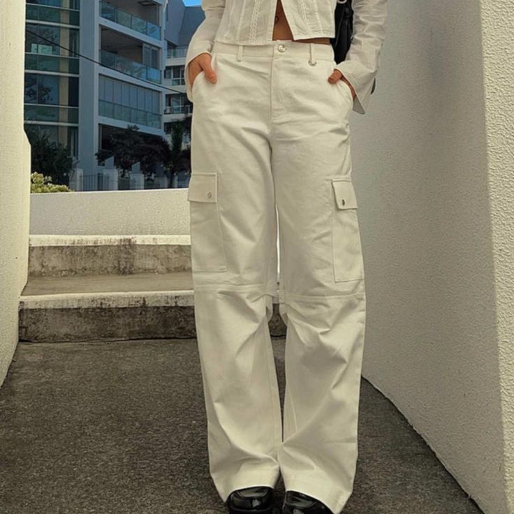 Princess Polly Fallout Mid Rise Cargo Pants White ~~ Brand New Without Tags (Princess Polly Tag Ripped, Retails For $75 And Sold Out Online) Size Us 2 Super Flattering Denim Cargo Pants To Wear Casually Or Dress It Up For A Night Out Message With Any Questions #Princesspolly #Cargopants #Cargo #Whitecargopants #Grunge Fairycore Y2k Spring Utility Pants Full Length, Spring Utility Full Length Pants, Spring Utility Full-length Pants, Utility Full-length Pants For Spring, White High Waist Utility Bottoms, White High-waisted Cargo Pants, Spring Utility Full Length Work Pants, Spring Utility Work Pants Full Length, White Straight Pants With Cargo Pockets