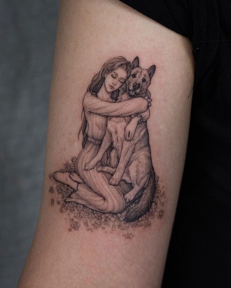 a woman with a dog hugging her arm on the other side of her body is shown