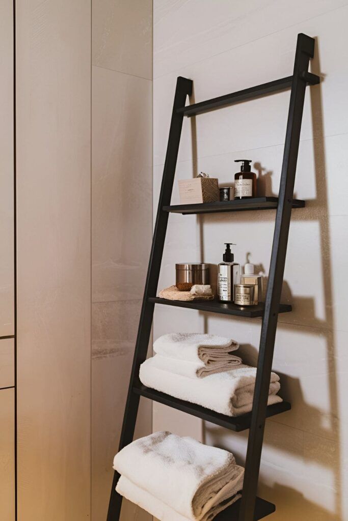 a ladder shelf in the bathroom with towels on it