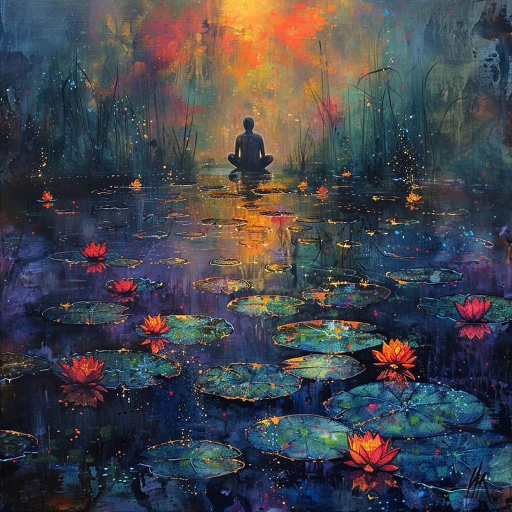 a painting of a person sitting in the water surrounded by lily pads