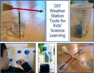 four pictures showing different activities for kids to do in the weather station, including water and sand