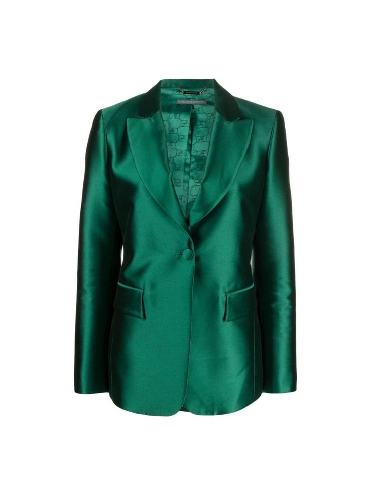 Satin finish Alberta Ferretti women's jacket highlights a luxurious metallic effect complemented by a tailored silhouette. Key elements include peak lapels, front button closure, and two side flap pockets for practicality.

- Long sleeves with buttoned cuffs  
- Vertical stitching design  
- Printed logo lining inside Green Satin Shirt, Green Blazer, Logo Line, Satin Shirt, Alberta Ferretti, Green Satin, The List, Flap Pocket, Women's Jacket