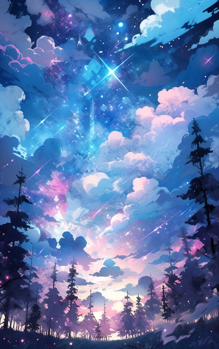 the sky is filled with stars and clouds as if they were floating in the air