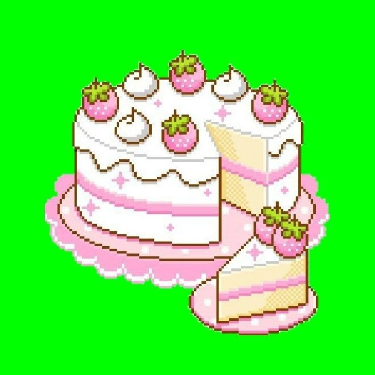 a pixelated cake with two slices cut out on it's side and green screen in the background