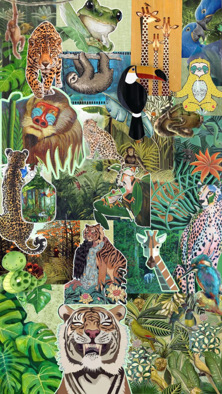 a collage of different animals, plants and other things that are in the background