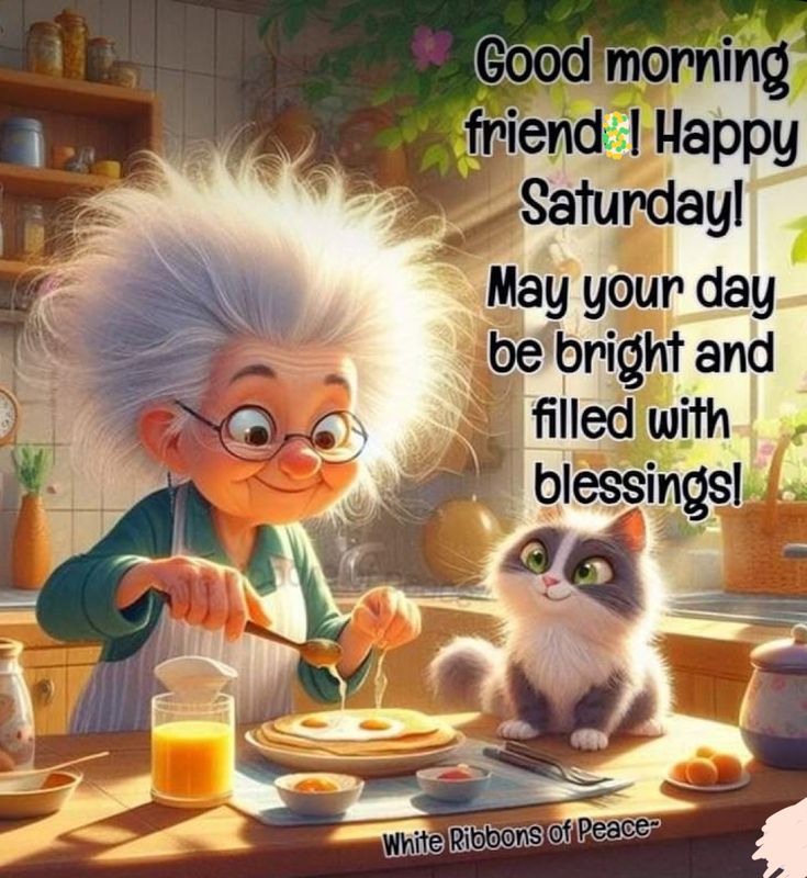 an old lady is eating breakfast with her cat and the caption reads, good morning friend happy saturday may your day be bright and filled with blessing