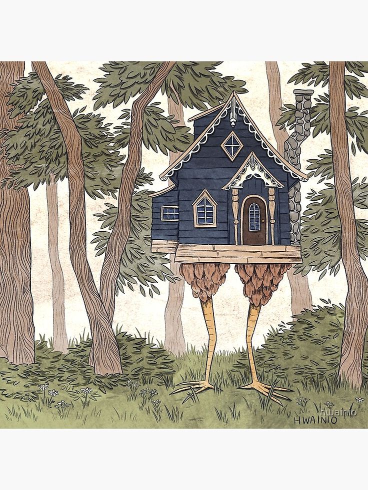 a drawing of a bird house in the woods