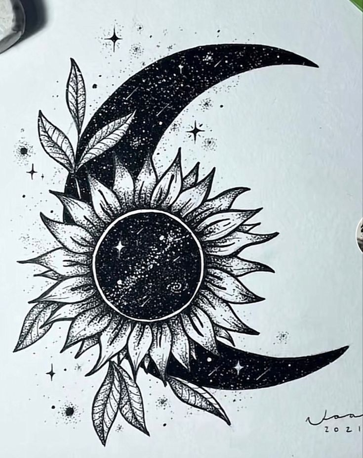 a drawing of a sunflower with a crescent moon on it's side and stars in the background