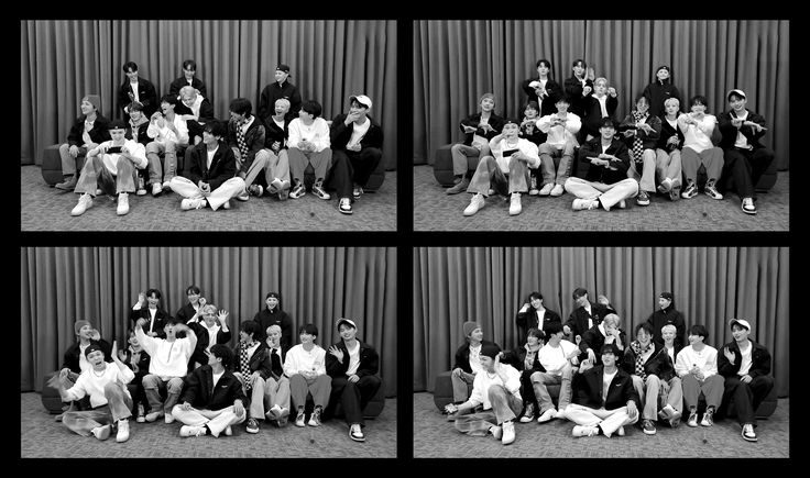 four black and white photographs of people sitting on the floor with their dogs in front of them