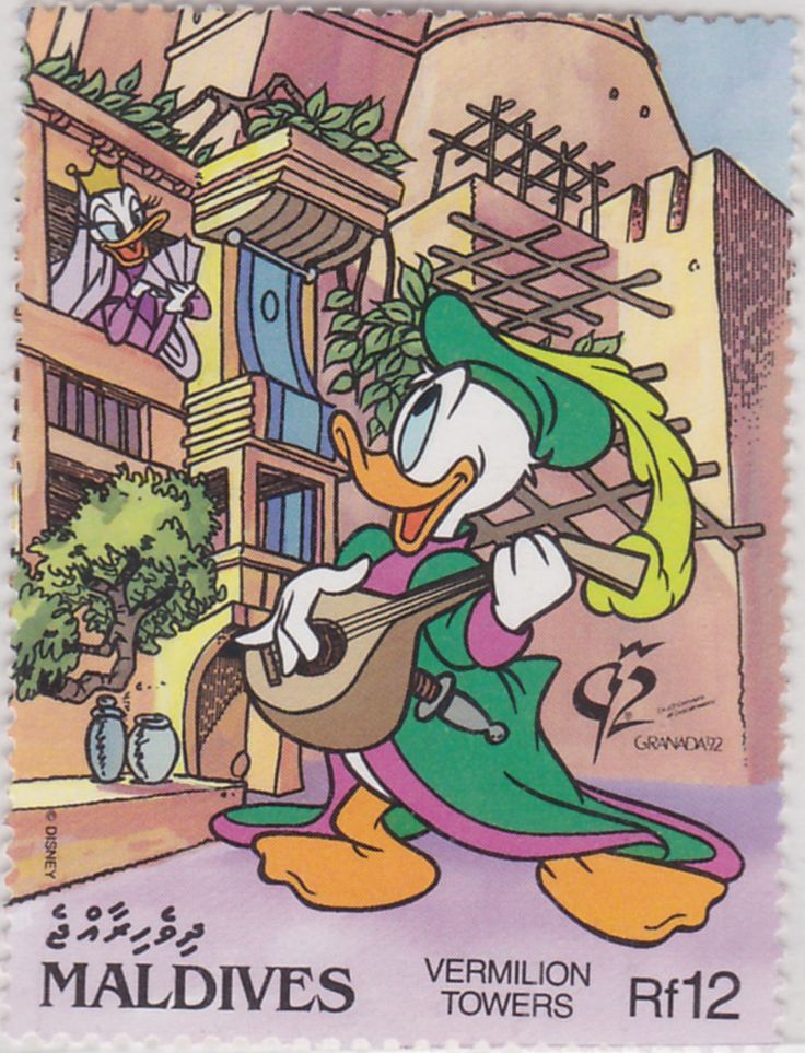 a stamp with an image of donald duck playing the guitar in front of a building