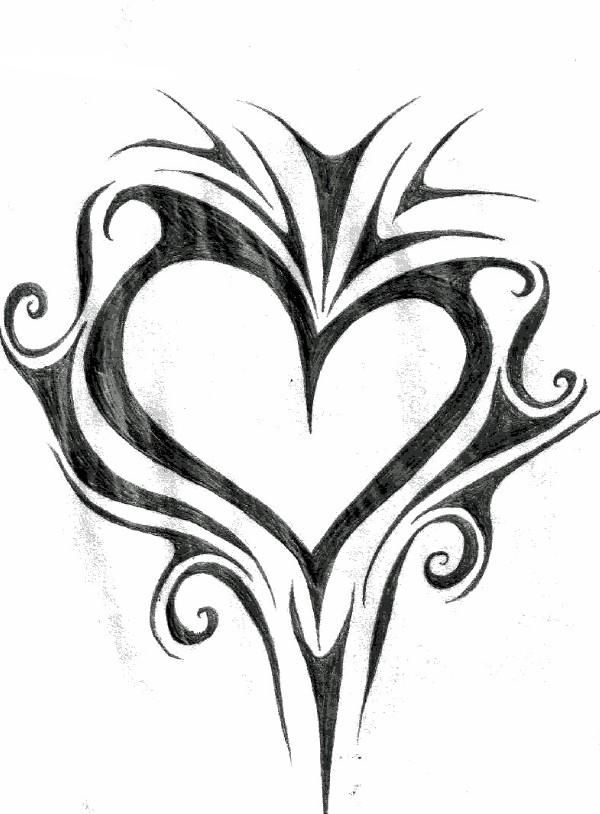 a black and white drawing of a heart with swirls in the shape of a tree