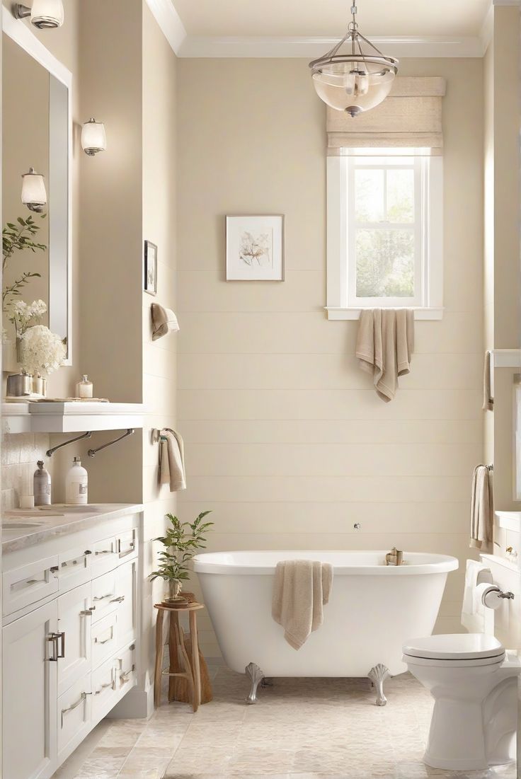 a white bath tub sitting next to a toilet under a window in a bathroom with beige walls