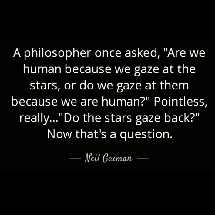 a quote from neil gaiman on the subject of this image,'a photographer once asked,'are we human because we gaze at the stars, or do we