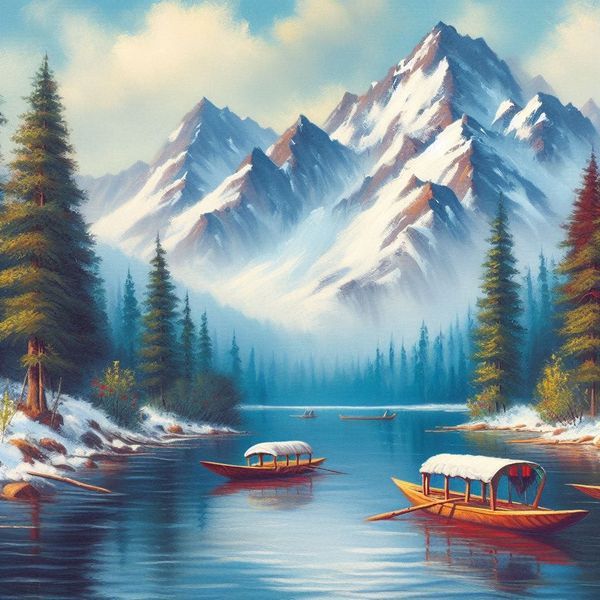 a painting of two boats on a lake in front of snow covered mountains and pine trees