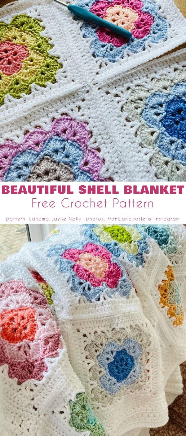 a crocheted blanket with flowers on it and the words beautiful shell blanket free crochet pattern