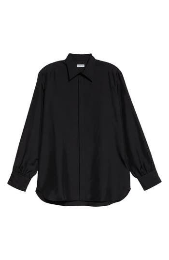 A hidden-button closure brings a streamlined look to this long-sleeve shirt tailored in an oversized fit from Italian silk. 32 1/2" length; 46" chest (size Large) Hidden-button placket Spread collar Long sleeves with button cuffs 100% silk Dry clean Made in Italy Designer Clothing Black Collared Shirt, Black Silk Shirt, Silk Button Up, Character Ideas, Tailored Shirts, Black Button, Silk Shirt, Chest Size, Button Placket