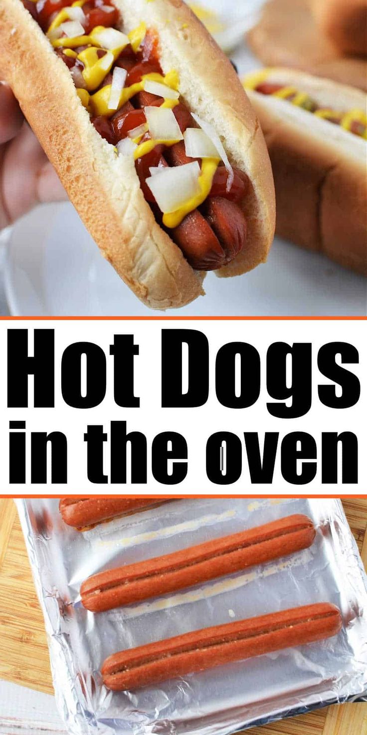 hot dogs in the oven are being held up by someone's hand, and then on