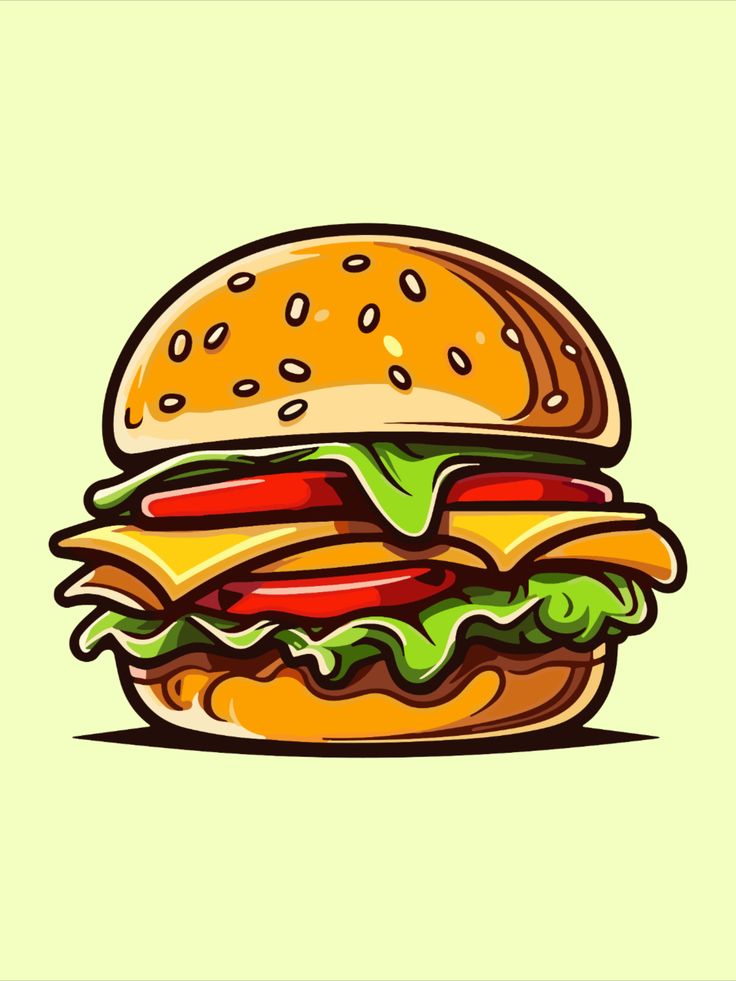 a drawing of a hamburger with cheese, lettuce and tomato slices on it