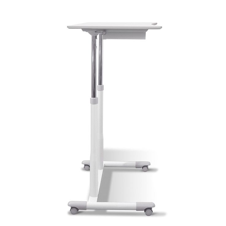 a white table with wheels on the bottom and one leg raised up to it's top