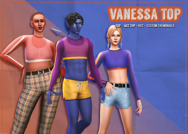 three people standing next to each other in front of a blue and orange background with the words vanessa top on it