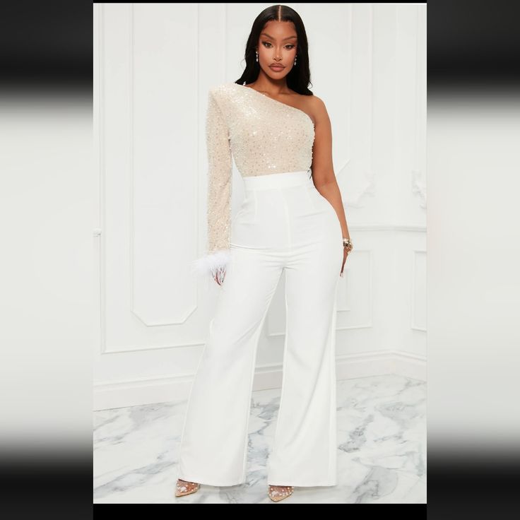 Fashion Nova New Date Jumpsuit; Brand New. This Is A Size Large But Fits Like A Medium. Unable To Return And Site Has Sold Out Of Sizes :( A Very Beautiful Piece! I Am Sizing This Medium. Waist Band Has No Stretch. For Reference, I Am 5'1", 150 Lbs. Natural Waist Is 34" And I Can Barely Zip The Sides Up. Hips 42.5 And Fits A Bit Loose In The Hip Area. Bra Size 38c And It Seems Like It Would Fit That Area If I Get Passed The Waist Hahaha! I Am Also Size 10 In Women's And 11 Ish In Juniors (Pant S White Long Sleeve Jumpsuits For Night Out, Fitted White Pantsuit For Night Out, White Fitted Pantsuit For Night Out, White Long Sleeve Pantsuit For Party, White High Waist Bodysuit For Night Out, White High-waist Bodysuit For Night Out, Elegant White Bodysuit For Night Out, Glamorous White Formal Bottoms, Elegant White Jumpsuits And Rompers For Night Out