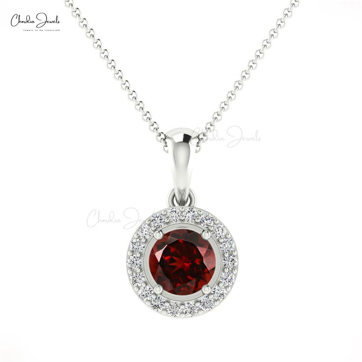 Description This round-shaped Designer Garnet Pendant with round-cut diamonds is one of the most fabulous pieces of jewelry pendants. January birthstone garnet encircles with pave 18 PCS diamonds to give the center of attraction. AAA garnet gemstone is a stud in prong setting and craft in 14k solid gold. This solitaire halo pendant is winsome with your outfit. The gold chain shown in the pictures is just for reference and display purposes, in order pendant comes with a COMPLIMENTARY 925 SILVER C Garnet Round Necklace In Fine Jewelry Style, Garnet Round Necklaces Fine Jewelry, Red Round Halo Jewelry, Red Garnet Jewelry With Diamond Accents, Fine Jewelry With Brilliant Cut Garnet, Fine Jewelry Garnet With Brilliant Cut, Fine Jewelry: Brilliant Cut Garnet, Round Garnet Jewelry With Halo Setting, Red Pave Setting Jewelry Gift