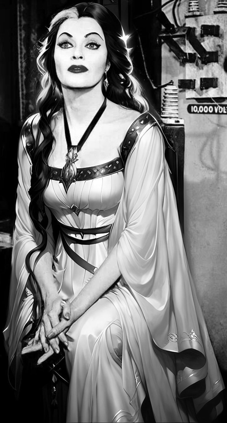 a black and white photo of a woman in costume