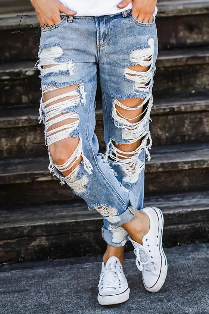 Ingvn - On-Trend Ripped Straight Jeans Blue / S Bottoms Ripped Washed Blue Jeans For Fall, Casual Ripped High Rise Cropped Jeans, Ripped Light Wash Pants For Fall, Casual Ripped Pants For Fall, Casual Ripped Cropped Jeans For Spring, Ripped Light Wash Cotton Jeans, Trendy Washed Blue Cropped Jeans, Trendy Washed Blue Jean Shorts, Ripped Denim Blue Cotton Cropped Jeans