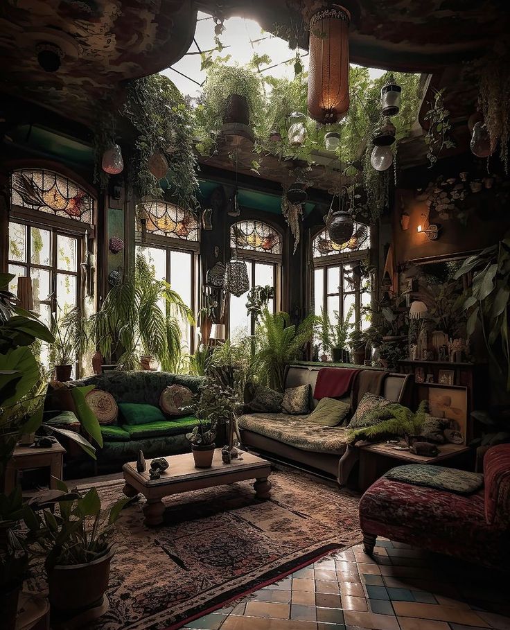 a living room filled with furniture and lots of plants on the windows sills