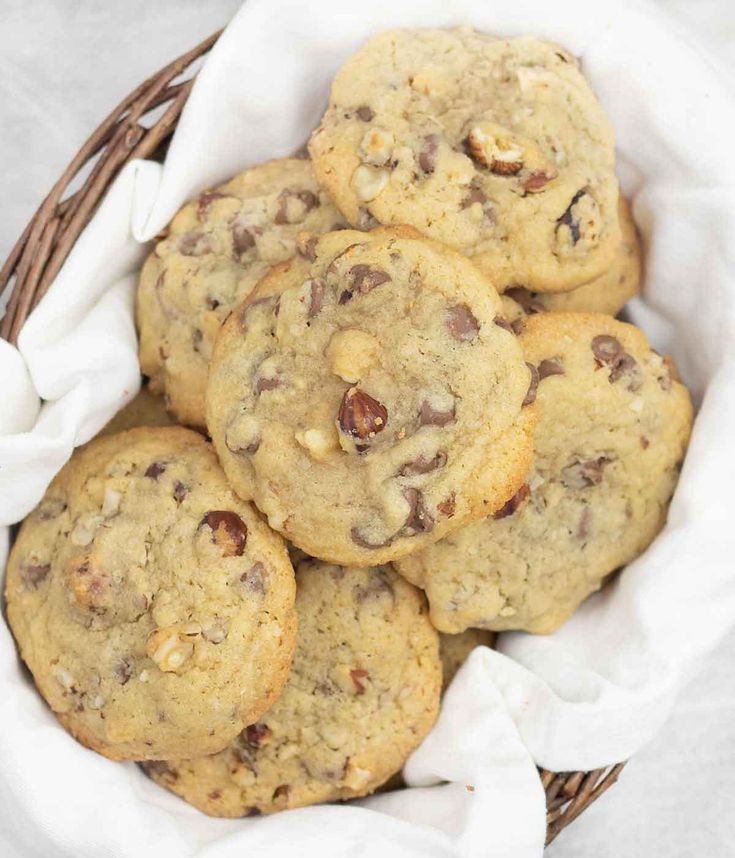 chocolate chip cookies in a wicker basket