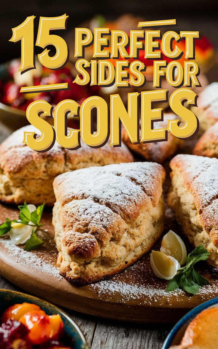 some scones are sitting on a plate with powdered sugar and fruit in the background