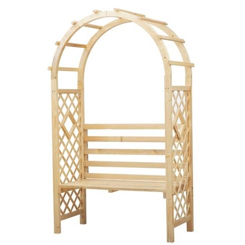 a wooden arbor with lattice design on the top and bottom part, against a white background