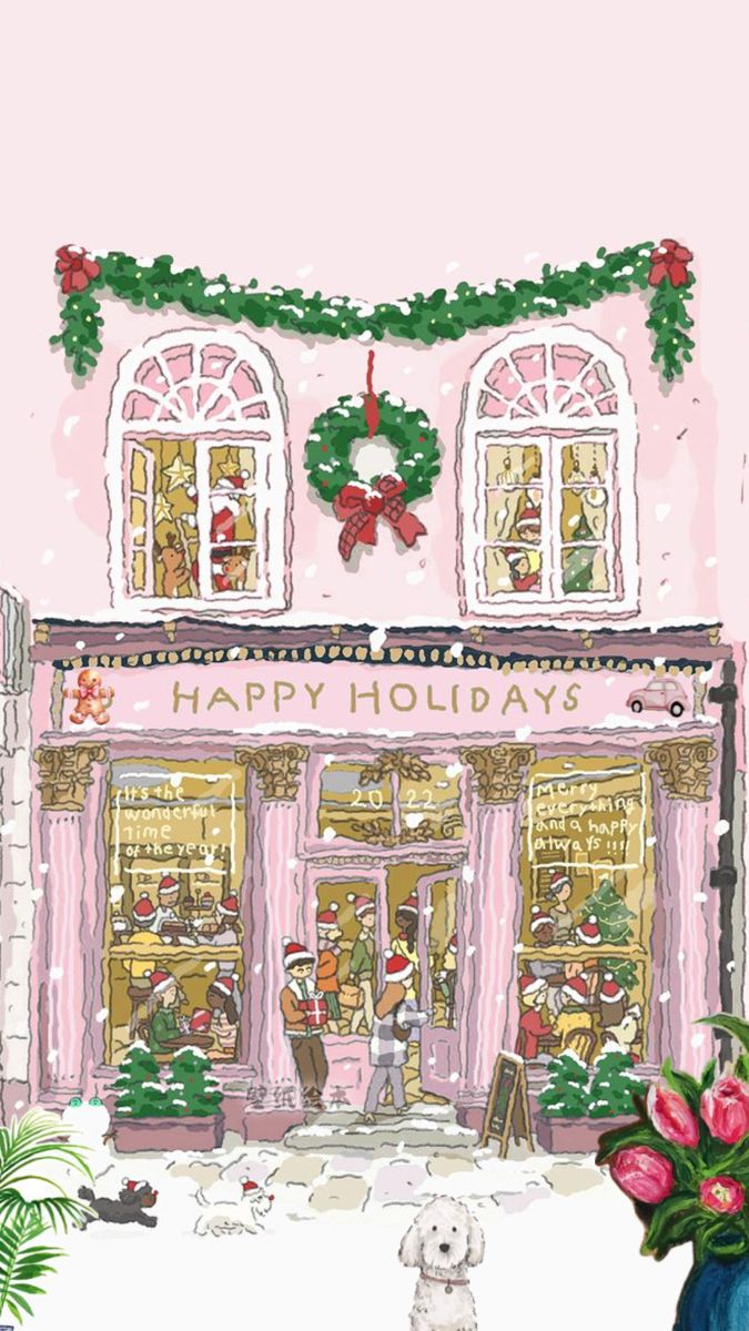 a painting of a store front with a dog in the foreground and a christmas wreath hanging on the door