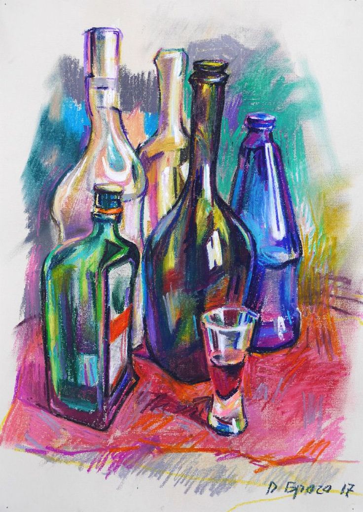 a painting of bottles and a glass sitting on a table next to eachother