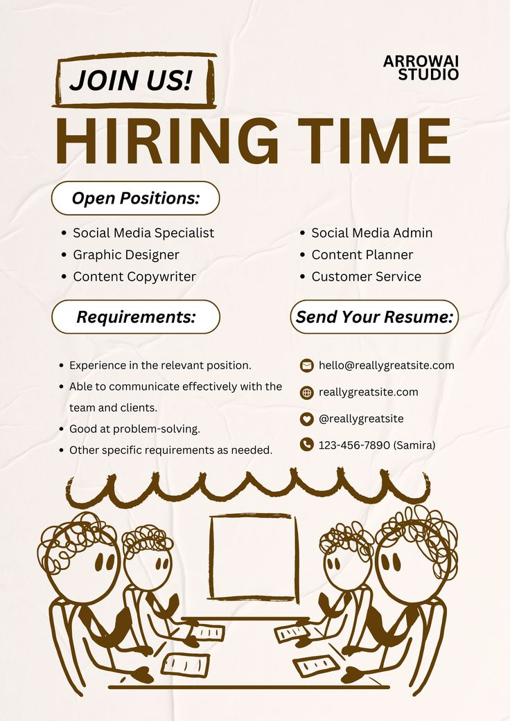 an advertisement for hiring time with two people sitting at a table