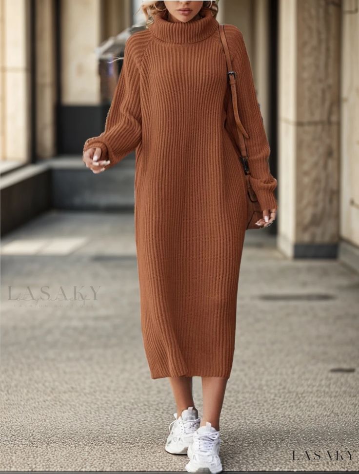 Lasaky - Long-Sleeved Knitted Turtleneck Sweater Dress for Winter, Loose Fit, Knee-Length, Perfect for Casual, Layered or Standalone Dress For Winter, Knitted Sweater Dress, Knitted Turtleneck, Fall Sweater Dress, Woolen Dresses, Winter Wardrobe Essentials, Sweater Dress Outfit, Stylish Fall Outfits, Fashion Top Outfits