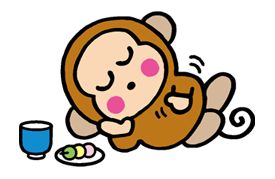 a cartoon monkey laying on its back next to a plate of food and a glass of water