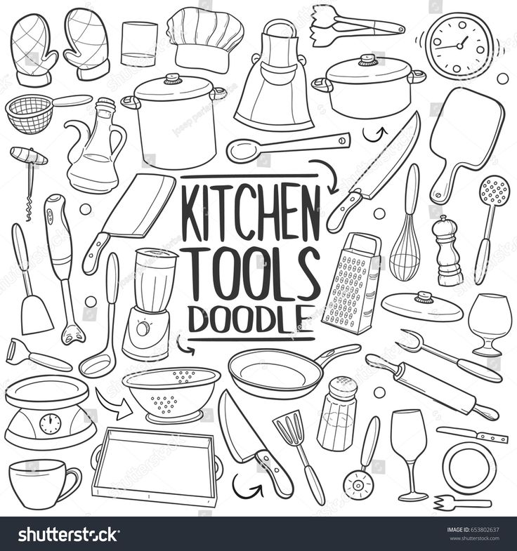 kitchen tools doodle with the words kitchen tools doodle in black and white - stock photo