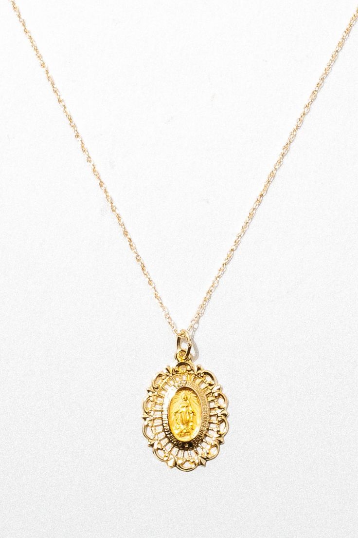 Handcrafted Religious Relic made of solid 14k gold. A high-quality, timeless treasure made to adorn for a lifetime + pass down to generations. ✦ Pendant measures 1/4 inch ✦ Measures 16 Inches with a Clasp Ending / 14K Solid Gold Chain Gold Chain Pendant, Gold Chain With Pendant, Solid Gold Necklace, Gold Cross Necklace, Solid Gold Chains, Special Jewelry, Mother Mary, Fine Jewelry Collection, Gold Cross