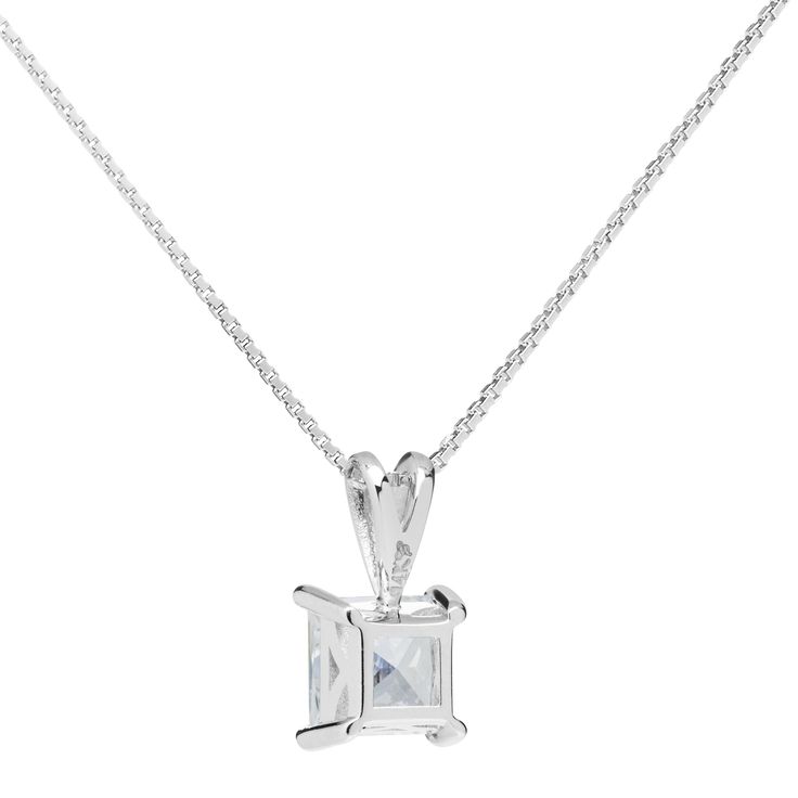 This head-turning pendant showcases an exquisite 1.0 carat Princess cut Cubic Zirconia stone. Princess cut is one of the most popular and sought-after stone shapes, second only to Round cut stones. Our CZ looks just like a real diamond that would cost thousands of dollars. Professionally mounted in a heavy basket setting, this alluring pendant dangles from an 18-inch box link chain with a springring clasp. All are crafted in solid 14K White Gold, with no other metals mixed. Your necklace will ar Formal Cubic Zirconia Necklace With Square Pendant, Formal Sterling Silver Solitaire Necklace With Square Pendant, Formal Solitaire Necklace With Square Sterling Silver Pendant, Diamond Cut Solitaire Necklace With Square Pendant, Diamond Cut Solitaire Necklace With Square Pendant For Gifts, Square Diamond Cut Solitaire Necklace As Gift, Classic Necklace With Square Pendant In Prong Setting, Square Pendant Solitaire Necklace With Diamond Cut For Gift, Formal Solitaire Necklace With Square Diamond Pendant